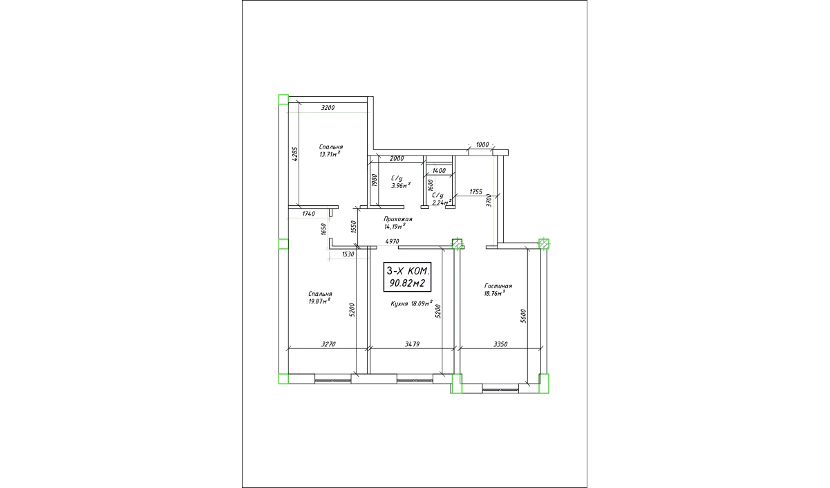 3-xonali xonadon 90.82 m²  4/4 qavat | SABZAVOT CITY Turar-joy majmuasi