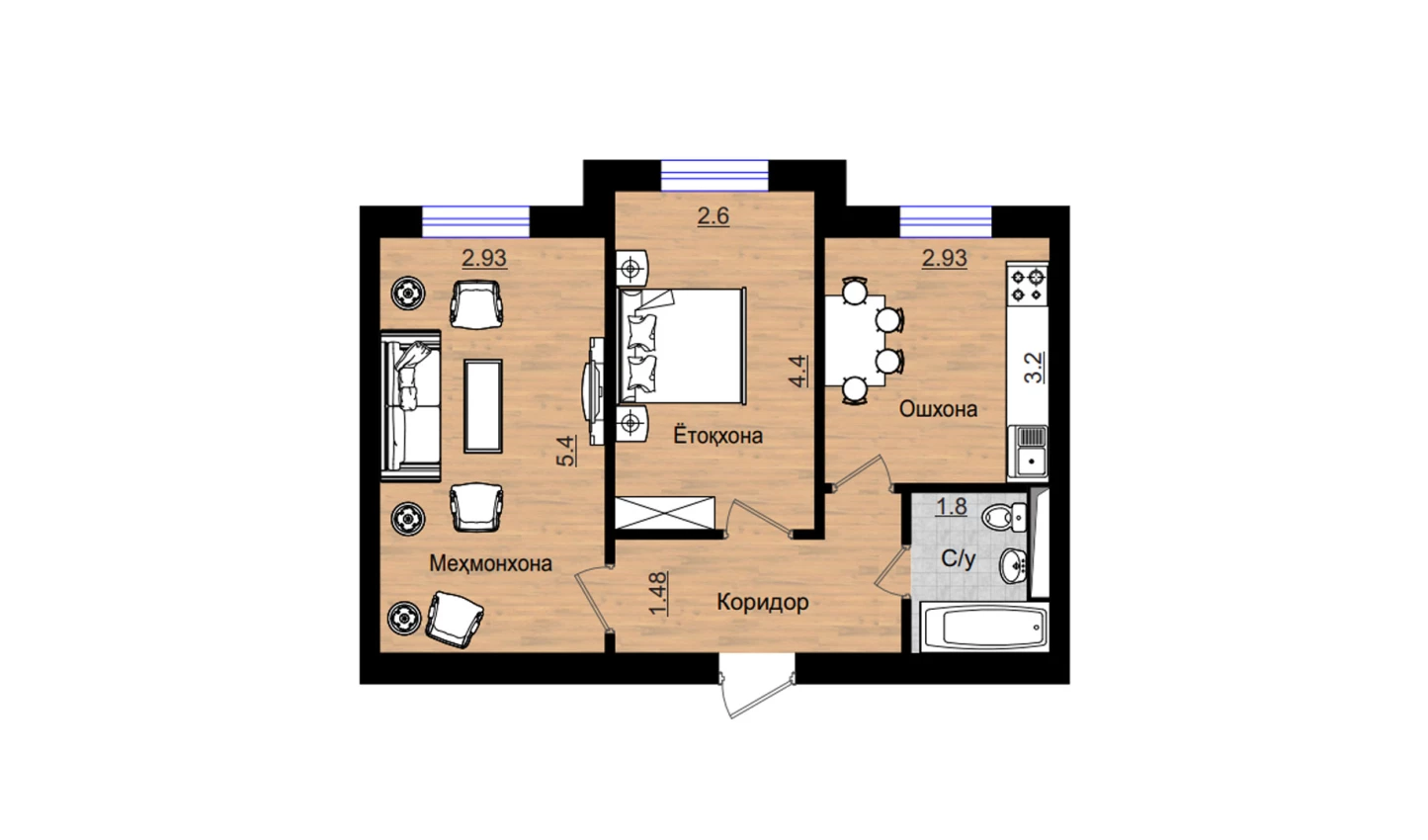 2-комн. квартира 53.73 м²  1/5 этаж | Жилой комплекс QIZILTEPA