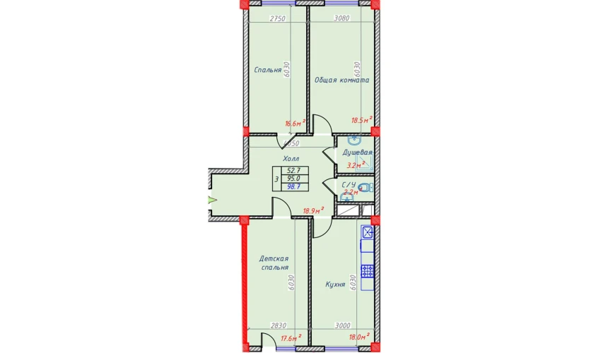 3-xonali xonadon 98.7 m²  8/9 qavat | Hakimi Towers Turar-joy majmuasi