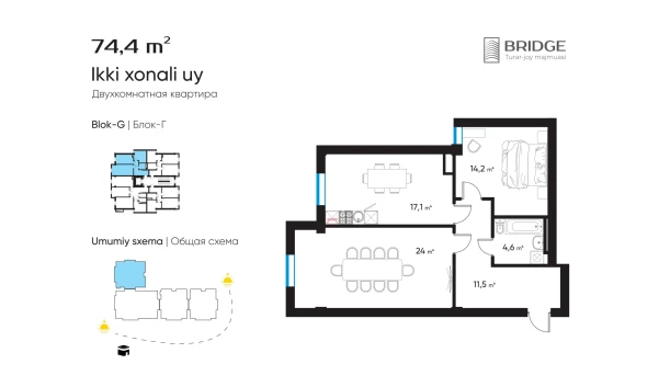 2-комнатная квартира 74.4 м²  9/10 этаж | Жилой комплекс BRIDGE