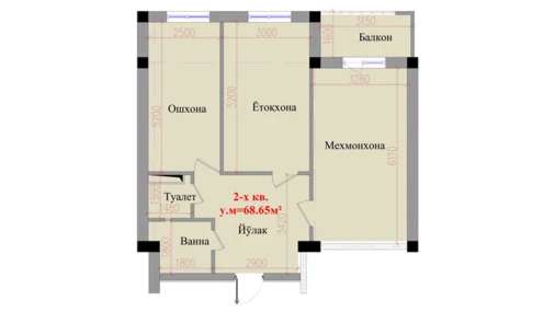 2-xonali xonadon 68.65 m²  4/8 qavat | Saxro Turar-joy majmuasi