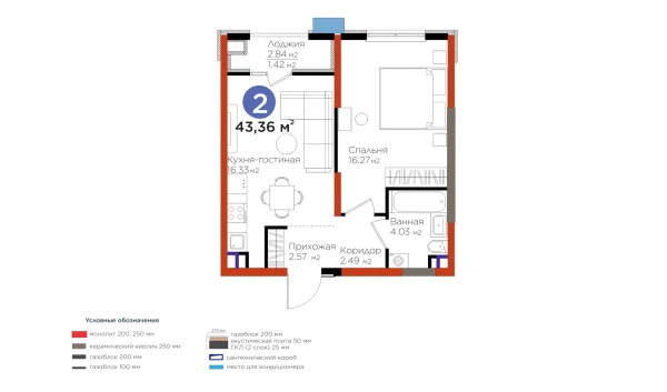 2-xonali xonadon 43.36 m²  2/9 qavat | BI Sad'O Turar-joy majmuasi