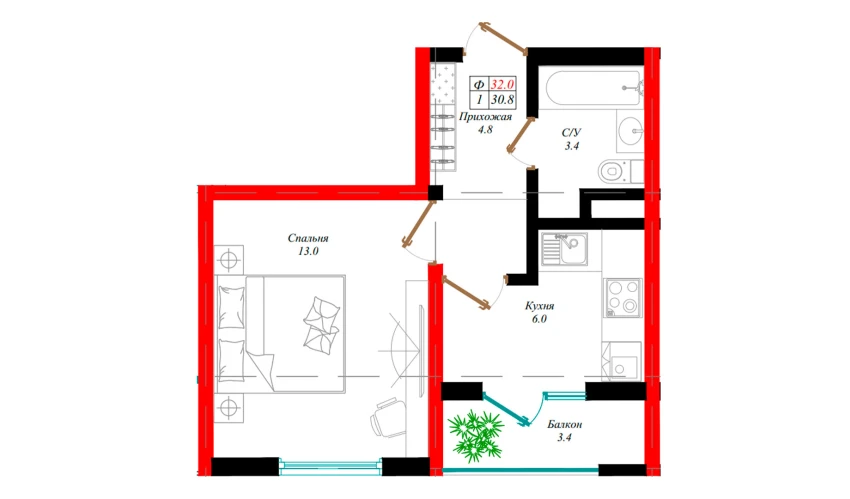 1-комнатная квартира 30.8 м²  10/12 этаж | Жилой комплекс Aman Residence