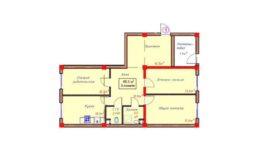 3-комнатная квартира 88.3 м²  1/9 этаж | Жилой комплекс Orzular