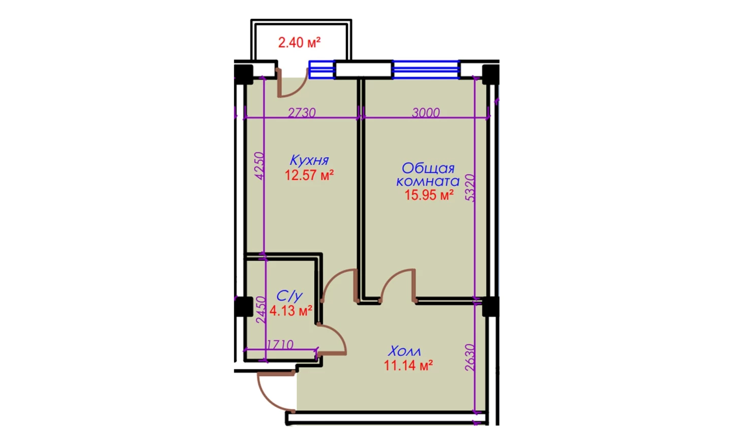 1-xonali xonadon 46.19 m²  6/10 qavat | Ko'kcha-Oqtepa Turar-joy majmuasi