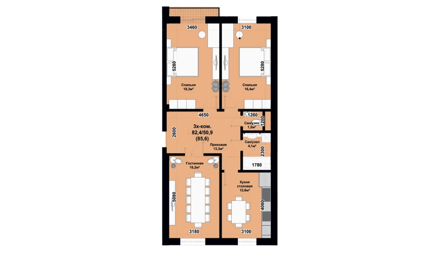 3-комнатная квартира 67.1 м²  7/8 этаж | Жилой комплекс SMART HOUSE NURAFSHAN