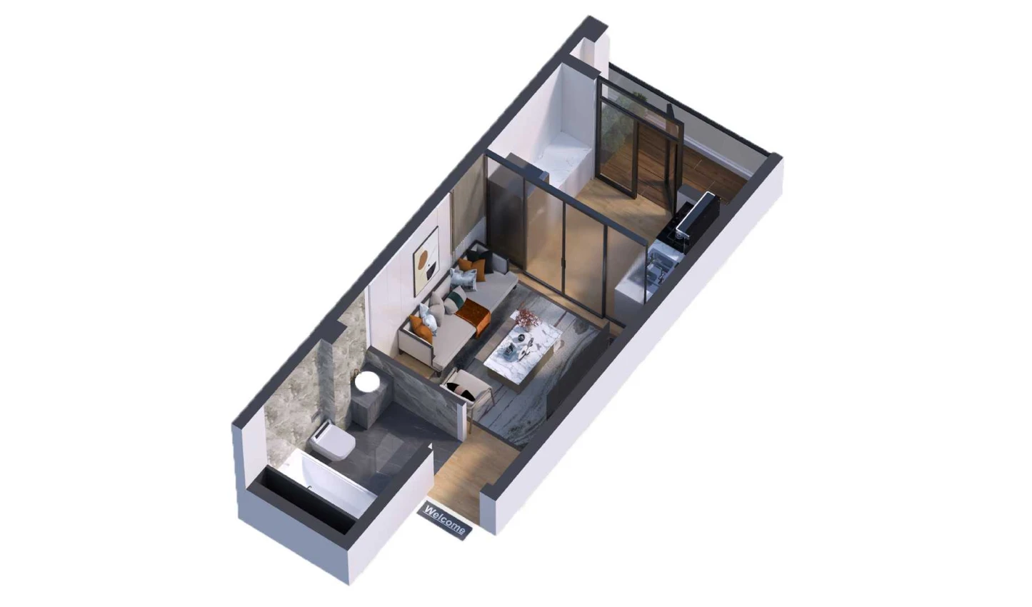 1-xonali xonadon 57.56 m²  7/7 qavat | Bochka Resort Turar-joy majmuasi