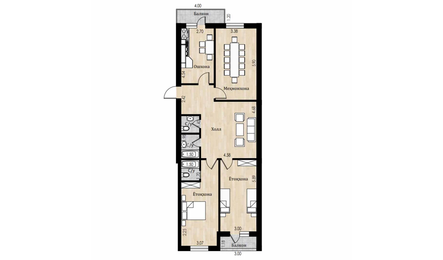 3-комн. квартира 115.7 м²  3/8 этаж | Жилой комплекс Mustaqillik Avenue