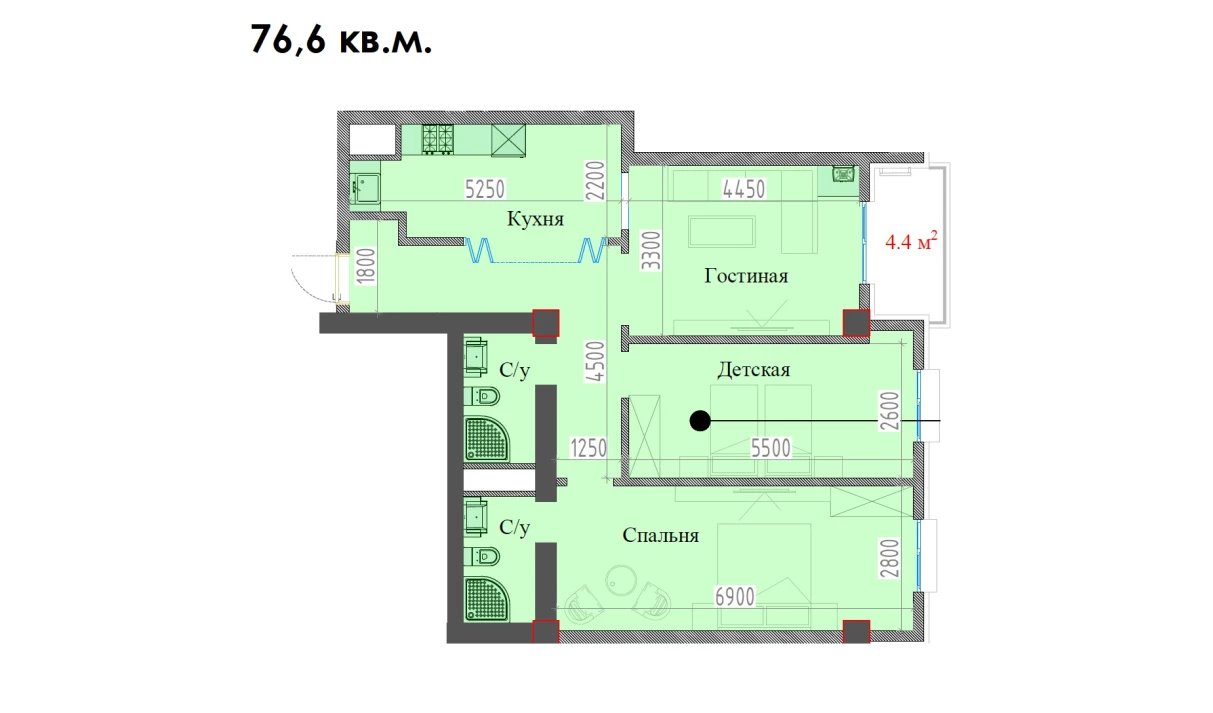 3-xonali xonadon 76.6 m²  11/16 qavat | MAVERA TOWN Turar-joy majmuasi