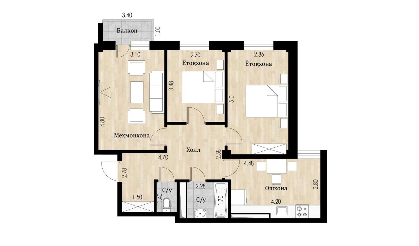 3-xonali xonadon 74.91 m²  6/10 qavat | Ko'kcha-Oqtepa Turar-joy majmuasi