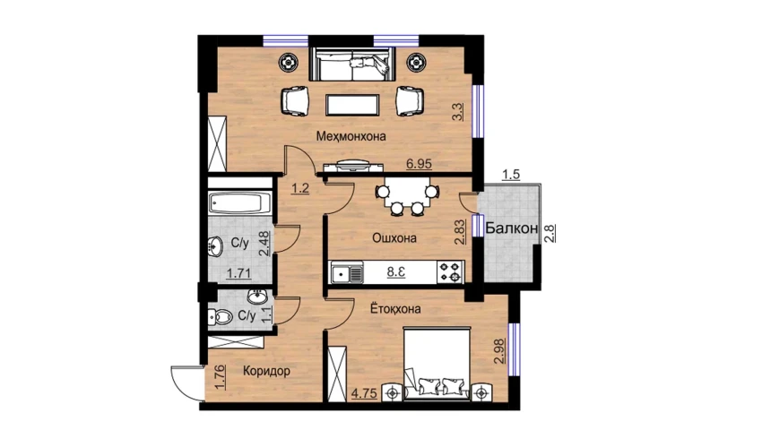 2-комнатная квартира 74.75 м²  5/16 этаж | Жилой комплекс BRILLIANT