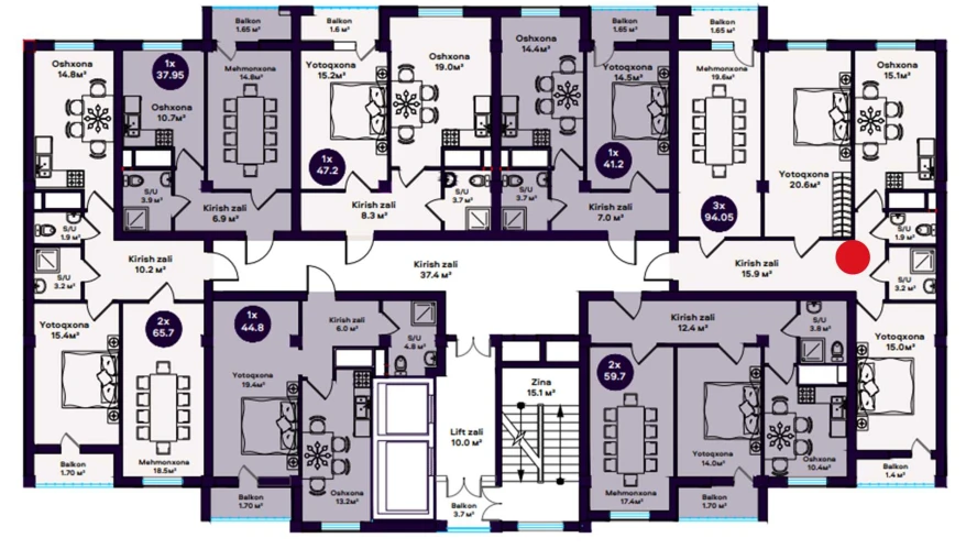 3-комн. квартира 94.05 м²  6/12 этаж | Жилой комплекс TUMOR