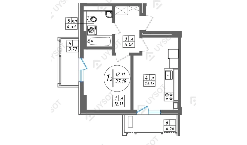 2-комнатная квартира 61.09 м²  6/13 этаж | Жилой комплекс SUN