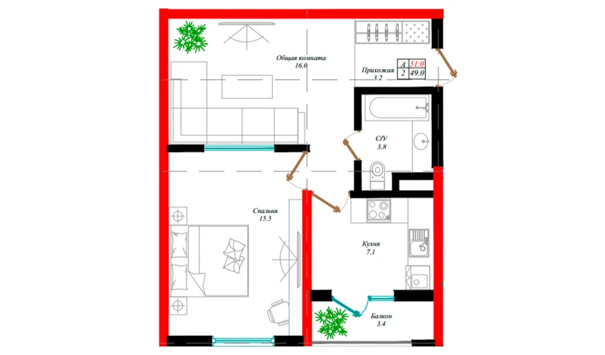 2-комнатная квартира 49 м²  10/12 этаж | Жилой комплекс Aman Residence