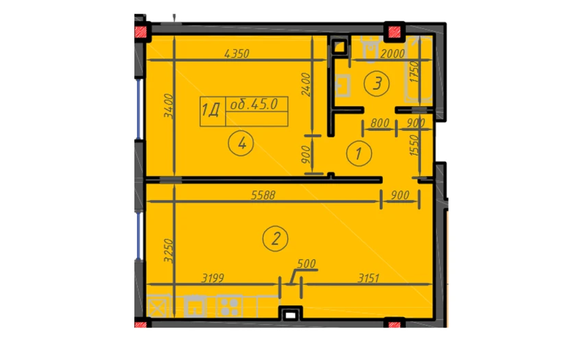 1-комнатная квартира 45 м²  1/12 этаж | Жилой комплекс Sokin hayot