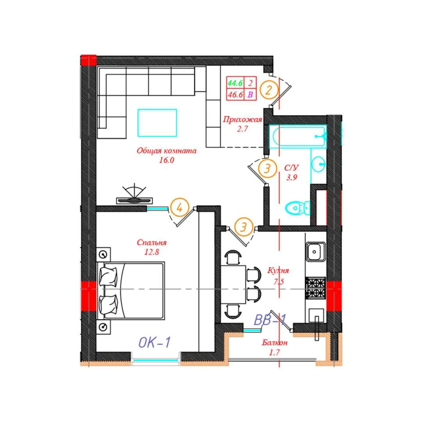 2-комн. квартира 46.6 м²  3/12 этаж | Жилой комплекс CHINARA PARK