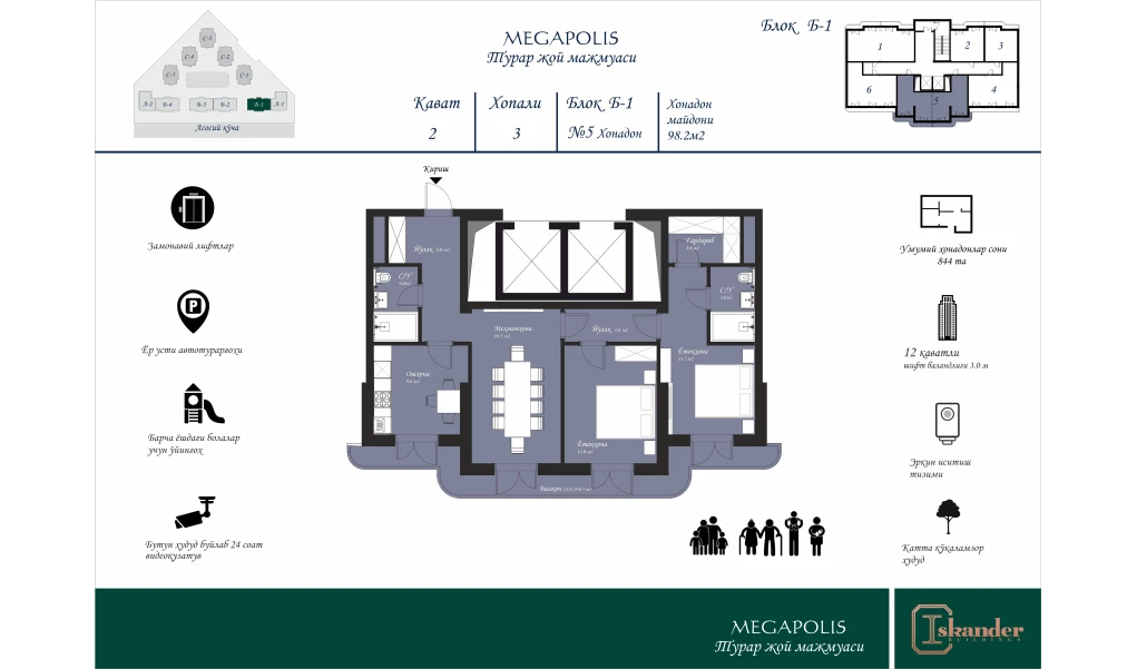 3-комн. квартира 98.2 м²  8/13 этаж | Жилой комплекс MEGAPOLIS Б2