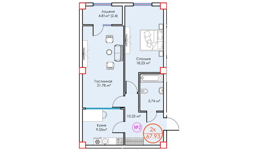 2-комнатная квартира 67.93 м²  11/16 этаж | Жилой комплекс ALFA CITY