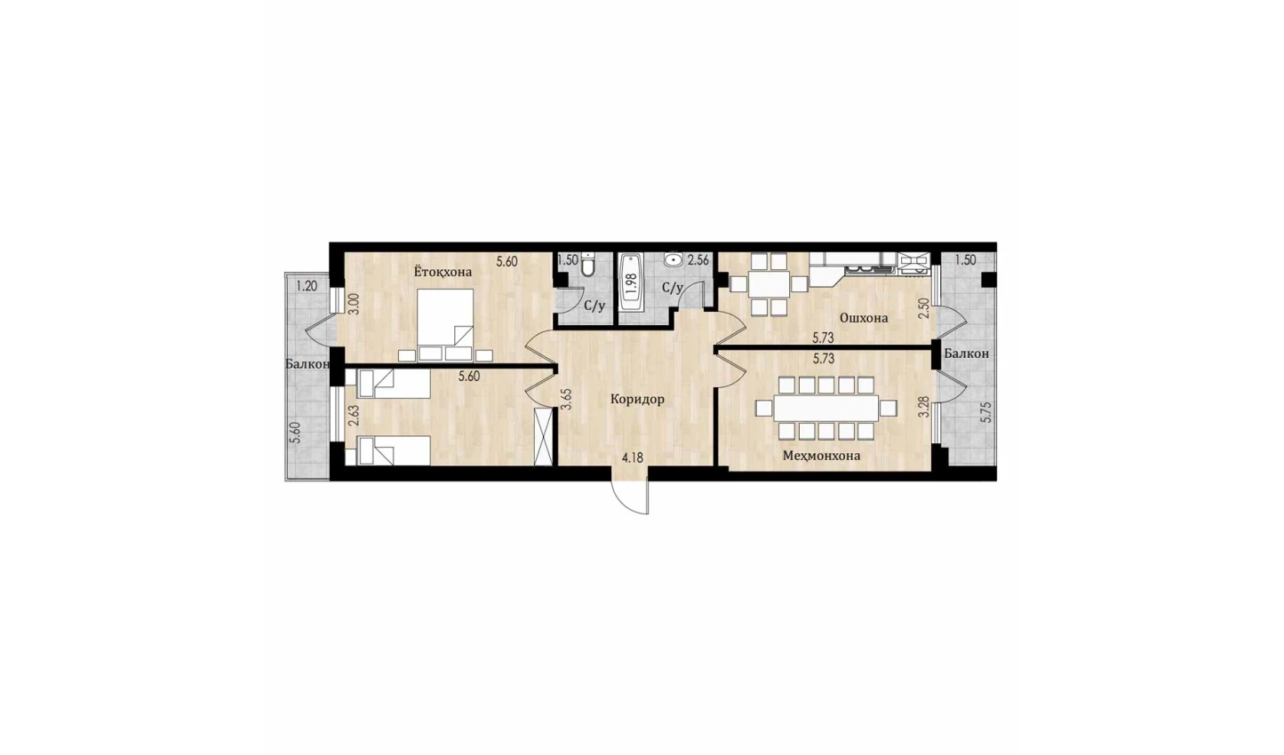 3-xonali xonadon 106.4 m²  4/8 qavat | Mustaqillik Avenue Turar-joy majmuasi