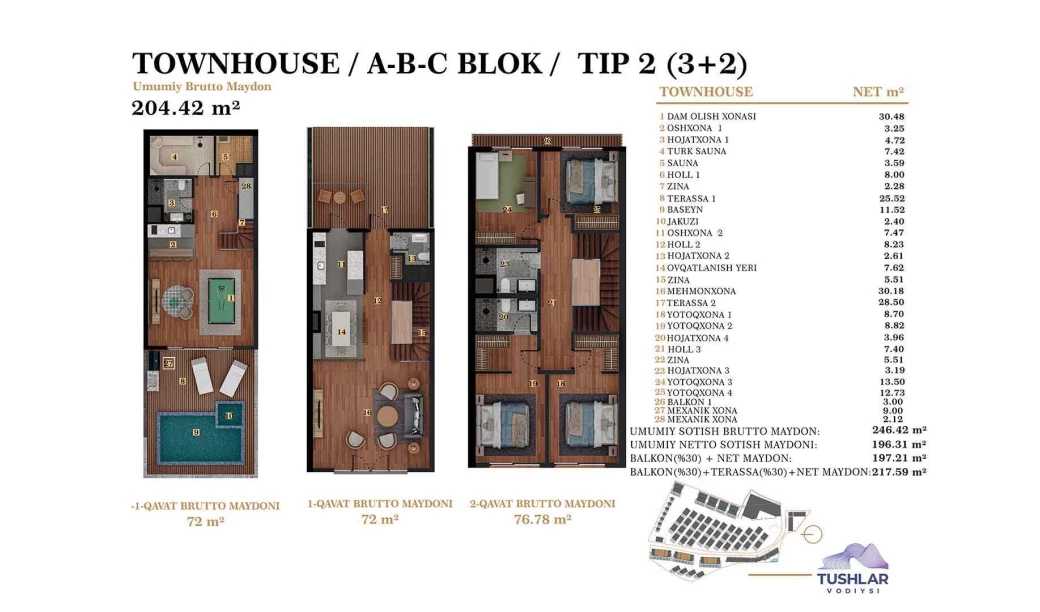 5-xonali xonadon 217.59 m²  1/1 qavat | TUSHLAR VODIYSI Turar-joy majmuasi