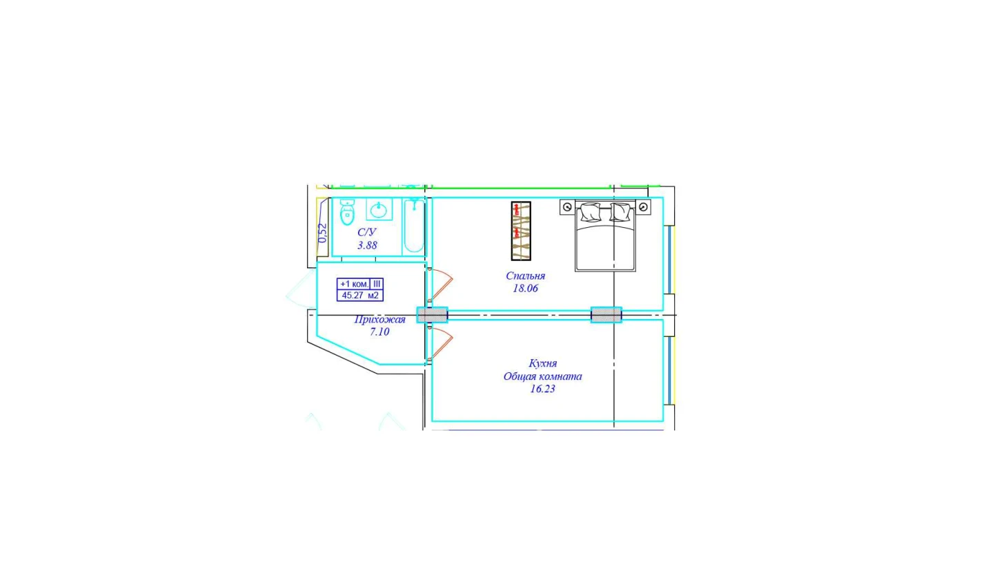 1-xonali xonadon 45.27 m²  6/9 qavat | UCHTEPA CITY Turar-joy majmuasi