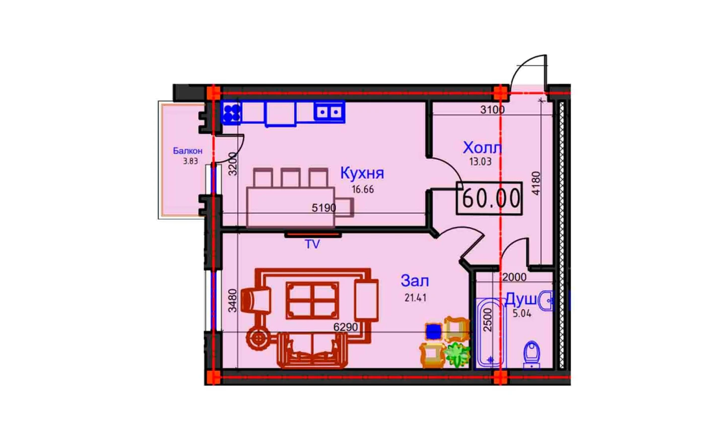 1-xonali xonadon 60 m²  9/9 qavat | BAHOR Turar-joy majmuasi