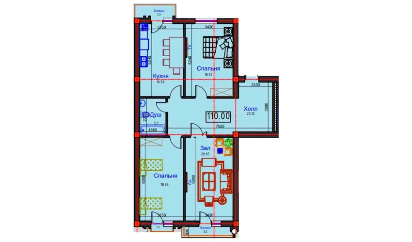 3-комнатная квартира 110 м²  8/9 этаж | Жилой комплекс BAHOR