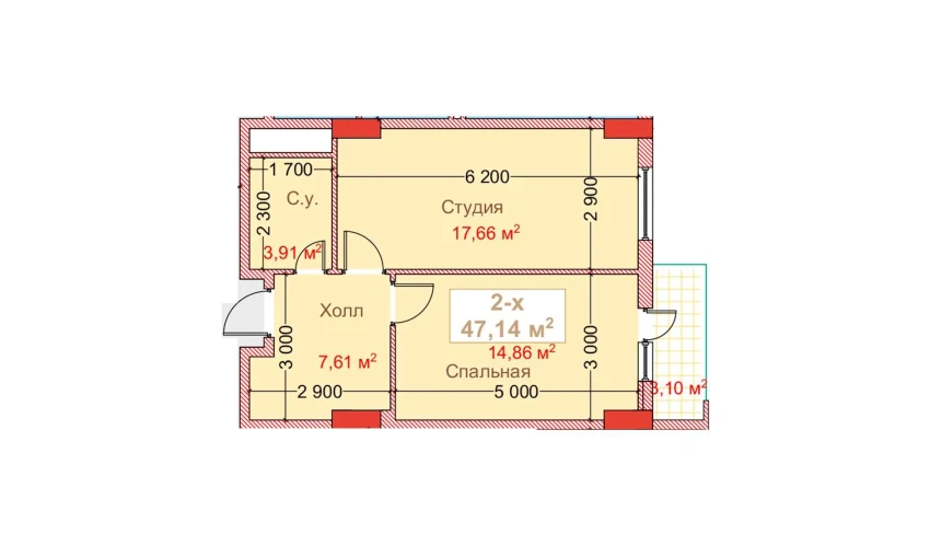 2-xonali xonadon 47.14 m²  8/8 qavat | CAPITAL AVENUE Turar-joy majmuasi