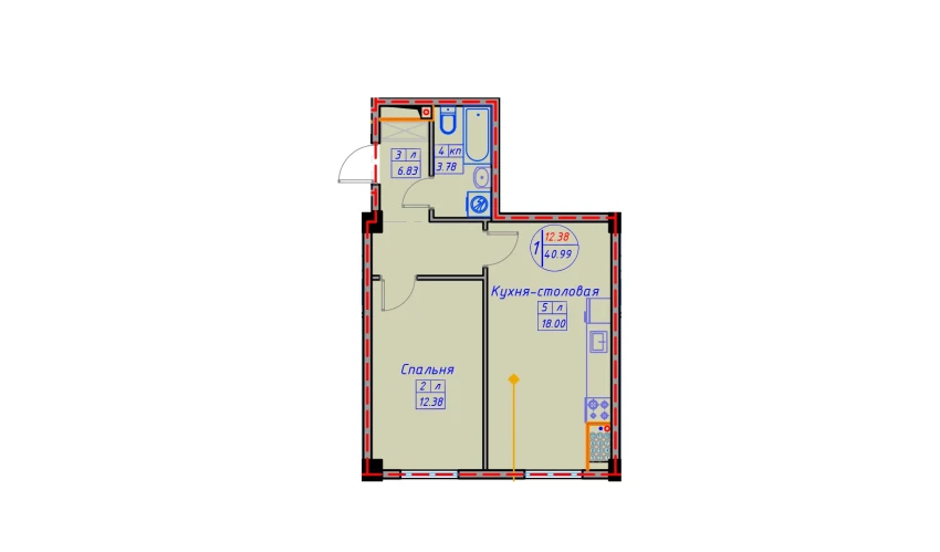 1-xonali xonadon 45.29 m²  1/12 qavat | SPUTNIK AVENUE Turar-joy majmuasi
