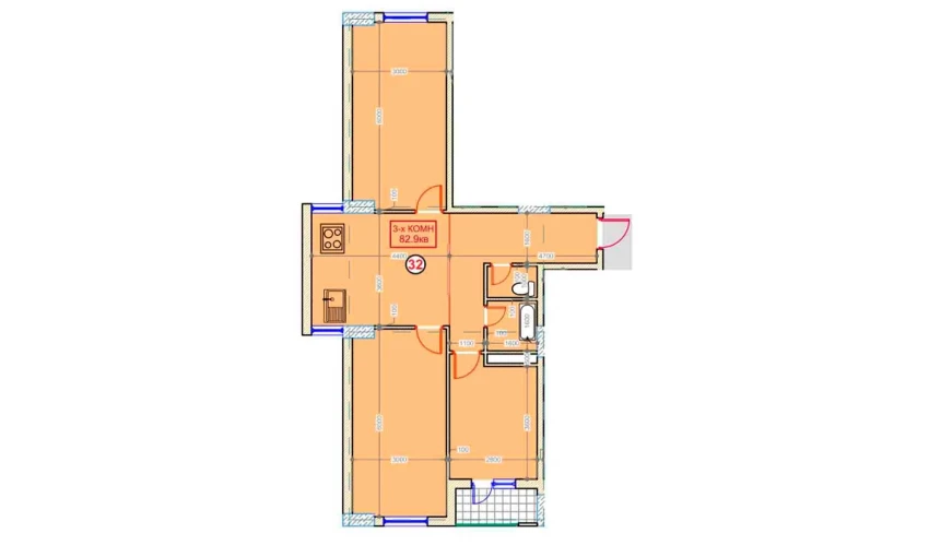 3-xonali xonadon 82.9 m²  6/9 qavat | XUMO Turar-joy majmuasi