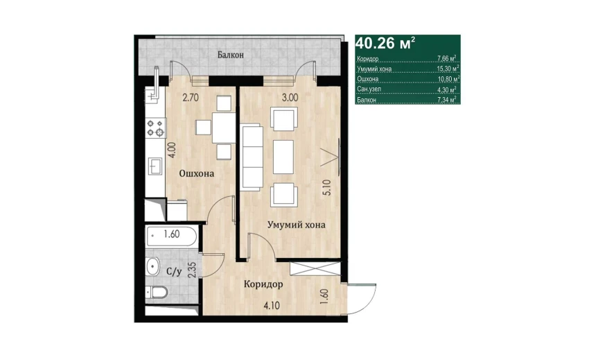 1-xonali xonadon 40.26 m²  12/16 qavat | SOKIN DIYOR Turar-joy majmuasi