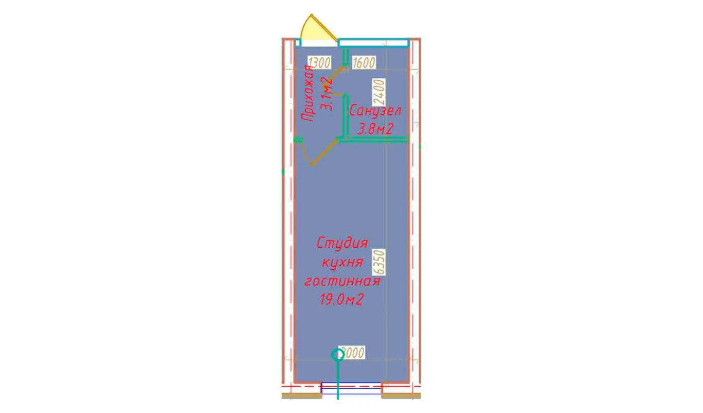 1-xonali xonadon 25.9 m²  1/16 qavat | DO'MBIROBOD RESIDENCE Turar-joy majmuasi