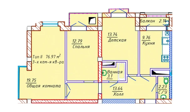 3-xonali xonadon 76.97 m²  6/10 qavat | Samarqand Park Avenue Turar-joy majmuasi