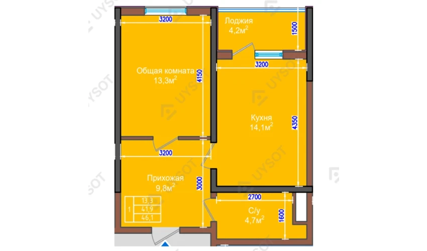 1-комнатная квартира 46.1 м²  2/9 этаж | Жилой комплекс NUR HAYAT