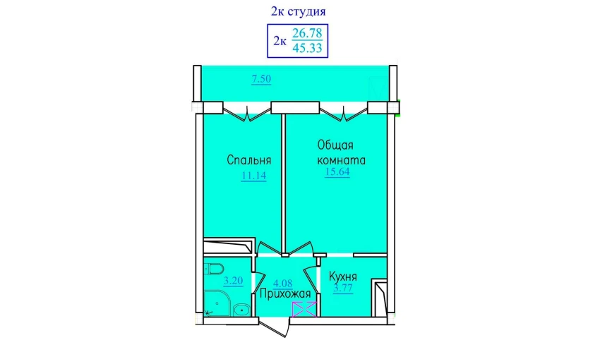 2-xonali xonadon 45.33 m²  3/9 qavat | PROVANS Turar-joy majmuasi