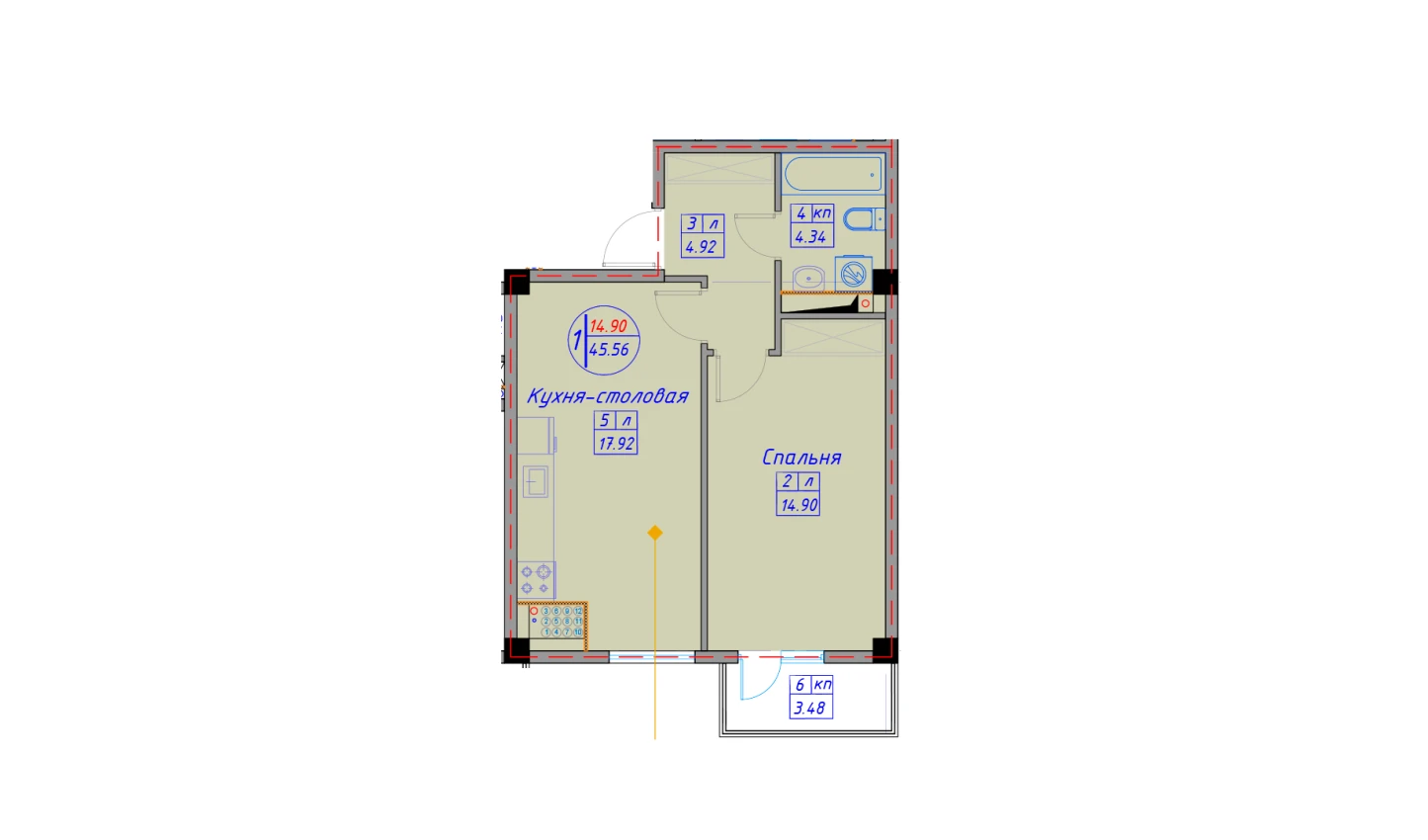 1-xonali xonadon 40.9 m²  2/12 qavat | SPUTNIK AVENUE Turar-joy majmuasi