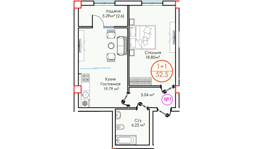 1-комнатная квартира 52.5 м²  7/16 этаж | Жилой комплекс ALFA CITY
