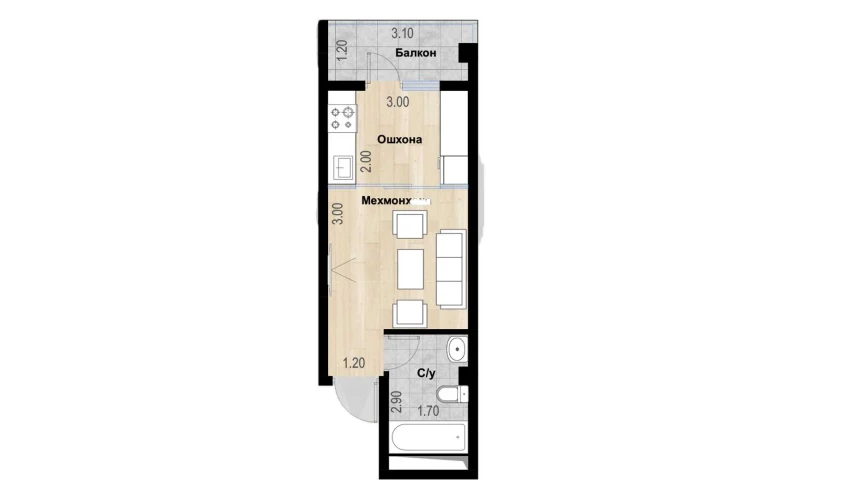 1-комнатная квартира 57.56 м²  7/7 этаж | Жилой комплекс Bochka Resort
