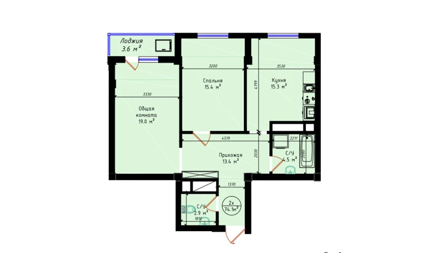 2-xonali xonadon 74.1 m²  17/23 qavat | BRILLIANT CITY AC Turar-joy majmuasi