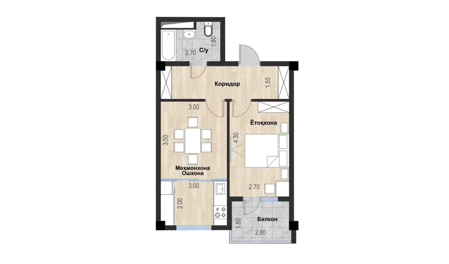 2-xonali xonadon 47.03 m²  3/7 qavat | Bochka Resort Turar-joy majmuasi