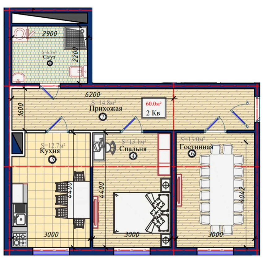 2-xonali xonadon 60 m²  1/10 qavat | NURAFSHON Turar-joy majmuasi