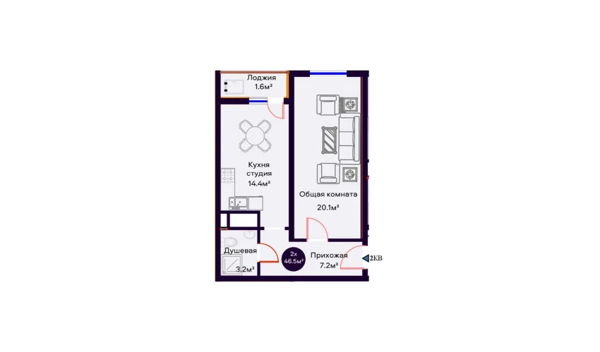 2-комнатная квартира 46.5 м²  12/16 этаж | Жилой комплекс Crystal Avenue