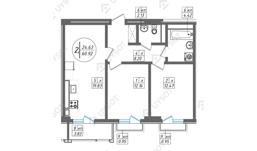2-комнатная квартира 60.92 м²  3/12 этаж | Жилой комплекс SUN