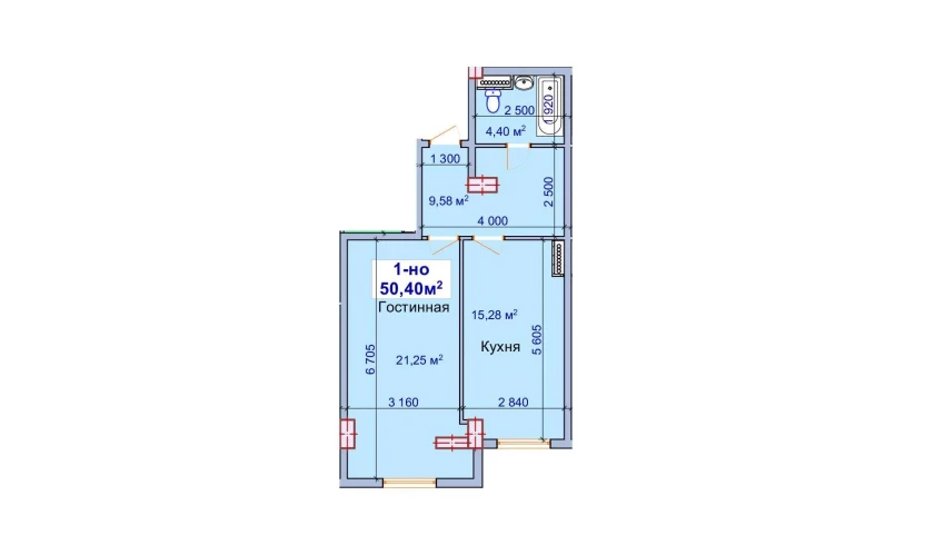 1-xonali xonadon 50.4 m²  7/9 qavat | SHAYX-UL OLAM Turar-joy majmuasi