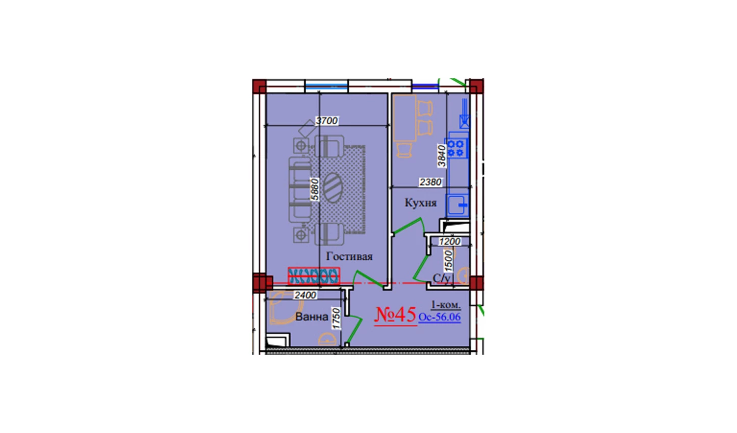 1-xonali xonadon 56.06 m²  3/9 qavat | ZAR ZAMONAVIY UYLAR Turar-joy majmuasi