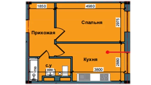1-комнатная квартира 41 м²  5/10 этаж | Жилой комплекс NUR BARAKA