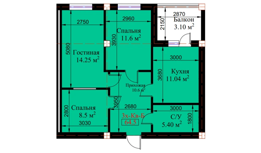 3-xonali xonadon 69.2 m²  4/8 qavat | MUHTASHAM Turar-joy majmuasi
