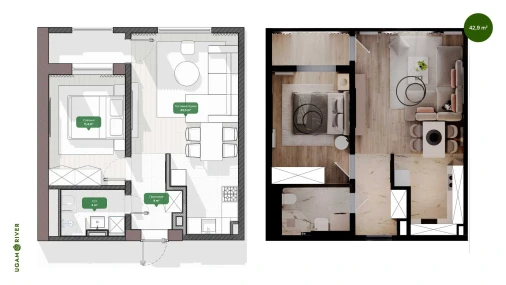 2-комнатная квартира 47.91 м²  2/6 этаж | Жилой комплекс Ugam River