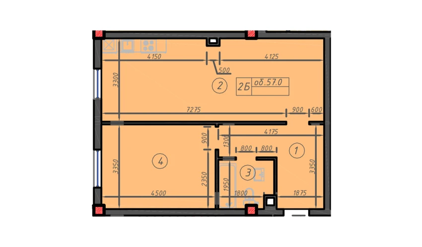 1-xonali xonadon 57 m²  1/12 qavat | Sokin hayot Turar-joy majmuasi