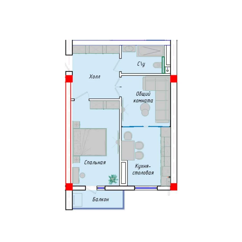 2-комн. квартира 52.82 м²  11/12 этаж | Жилой комплекс SERGELI CITY